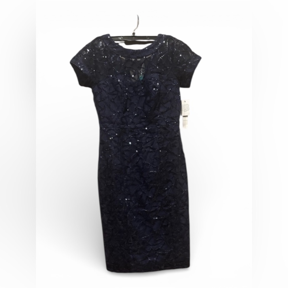 Maggy London Petite 2P Navy Sequin Lace Cocktail Sheath Dress NWT